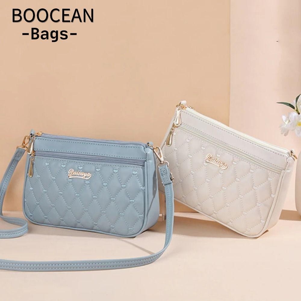 BOOCEAN Túi đeo chéo, Túi đeo vai công suất lớn bằng da PU, Túi xách tay thêu Lingge màu trơn có dây kéo xách nữ