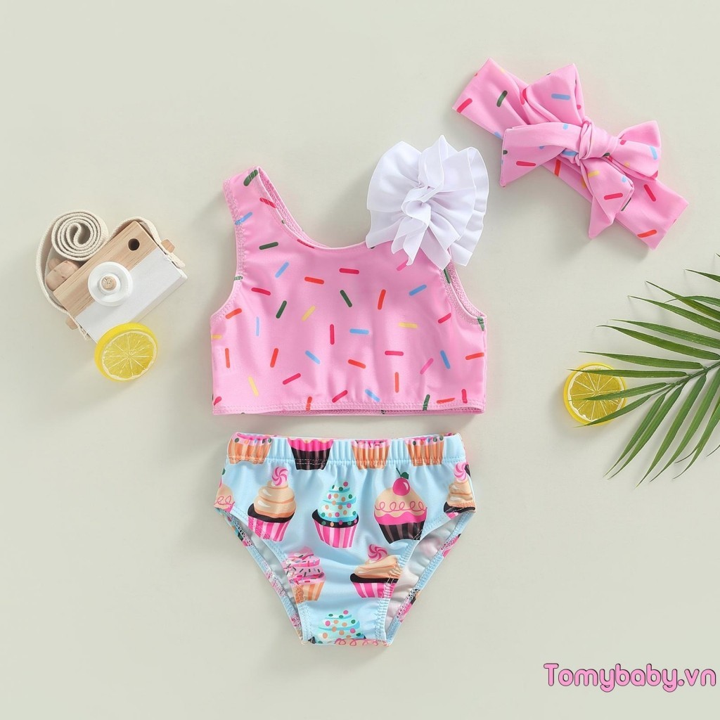 Bé Gái 2 Bộ Đồ Bơi Không Tay Chấm / Cốc In Bánh Áo Đi Biển Mùa Hè + Quần Short Bộ
