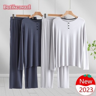 Bộ đồ ngủ nam modal nam dài tay nút quần áo ngủ mùa xuân 2025 mới plus size 2 bộ đồ