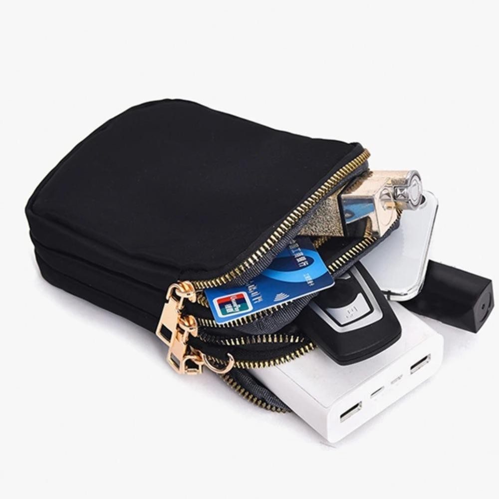 [Vận chuyển nhanh] Túi đeo vai SIMPLEAID, Ví điện thoại di động Nylon treo tường 3 lớp, có phích cắm tai nghe Ví đa chức năng có dây kéo