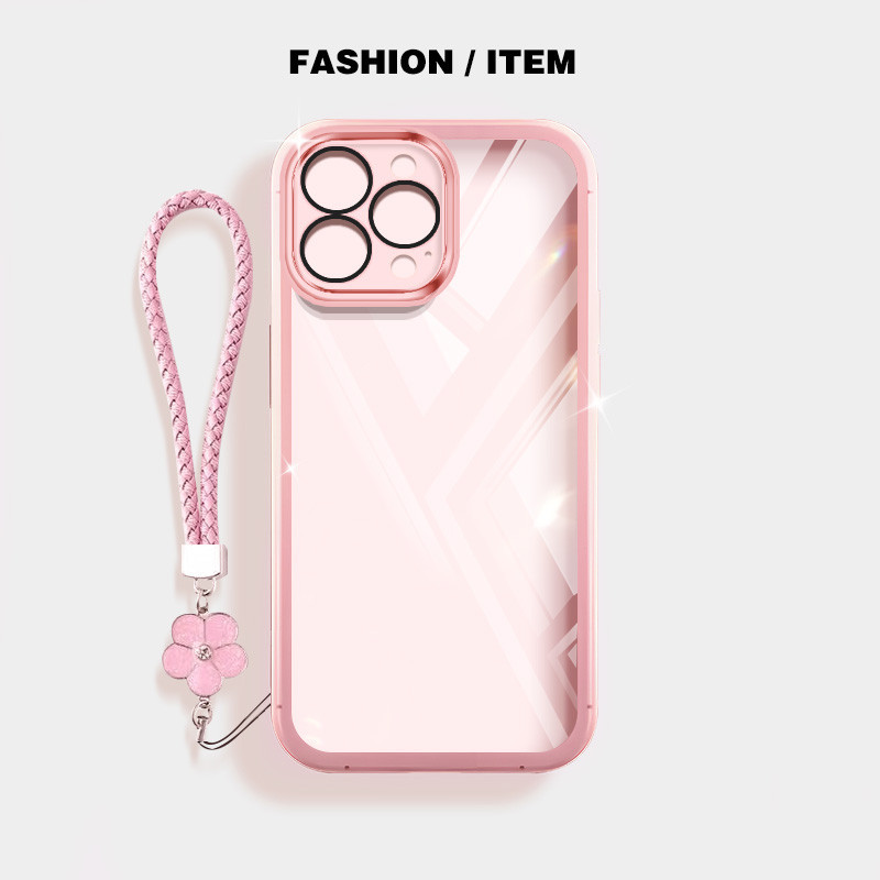 Ốp điện thoại siêu mỏng trong suốt YBD cho iPhone 16 11 Pro Max 12 Pro Max 13 Pro Max 14 Pro Max 15 Pro Max 14 15 Plus Bảo vệ Camera với dây treo dệt cỏ ba lá may mắn