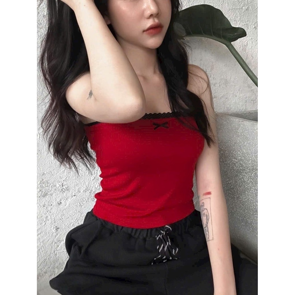 BARE_Áo quây nữ phối ren và nơ điệu đà, Áo quây không mút ngực ôm body - A204