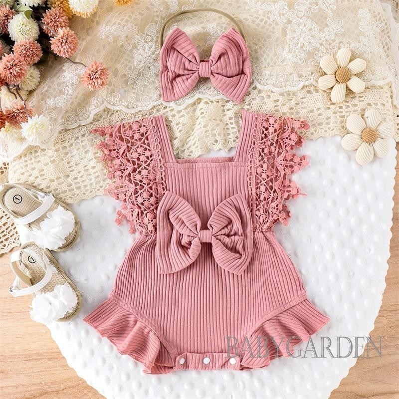 Bộ Áo Liền Quần Cổ Tròn Viền Ren + Băng Đô Thời Trang Mùa Hè Cho Bé Gái