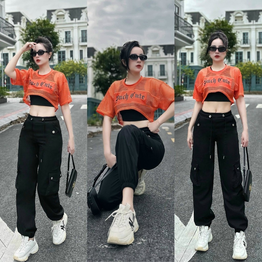 Set 3 chi tiết cộc tay áo lưới + áo bra + quần kaki co giãn thoải mái khi tập thích hợp tập zumba, erobic, shuffer dance