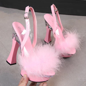 Nền Tảng Chống Thấm Nước Sàn Catwalk Dày Gót Kích Thước Châu Âu Mỹ Thời Trang Lông Pha Lê Giày Sandal 2024 34-43 Giai Đoạn Bằng Sáng Chế Da