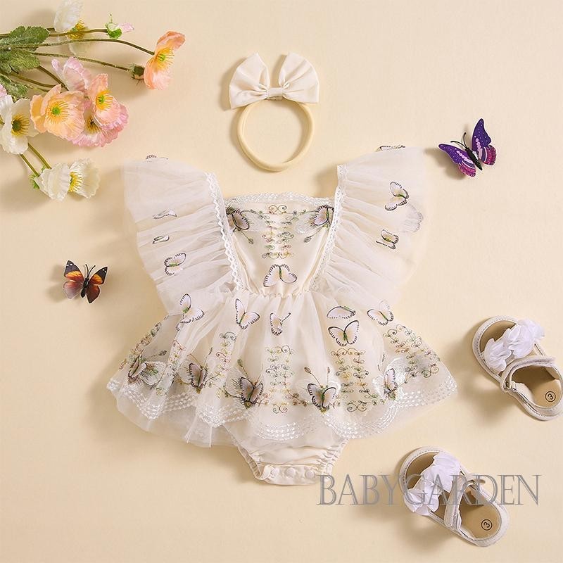Baga-baby Bé Gái Rompers Có Băng Đô Ren Viền Họa Tiết Bướm Thêu Bay Tay Áo Tulle Viền Trẻ Sơ Sinh Body Quần Áo