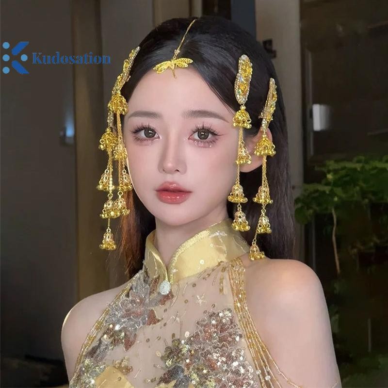 Kudosation Dây Xích Dài sel Kẹp Tóc Cho Nữ Hoa Chuông Hình Kẹp Tóc Cô Dâu Cưới Dân Tộc Tóc Trang Sức