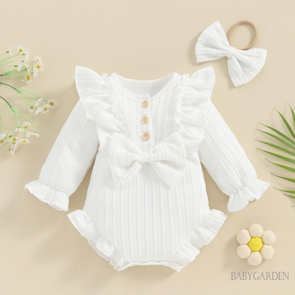 Baga-bộ áo liền quần xếp nếp cho bé gái sơ sinh Áo liền quần dài tay cổ tròn có băng đô