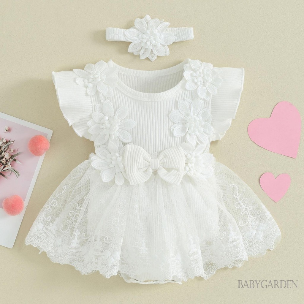 Baga-baby Girl Lưới Ren Chắp Vá Ruffle Romper Đầm Và Băng Đô Thời Trang Dễ Thương Quần Áo Mùa Hè