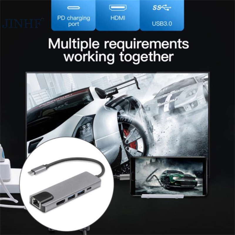 JINHF 5 Trong 1 USB C Hub Loại C Sang 4K Bộ Chuyển Đổi Tương Thích RJ45 Mạng 100M Ethernet Lan Cổng Sạc Adapter Cho Pro HOT