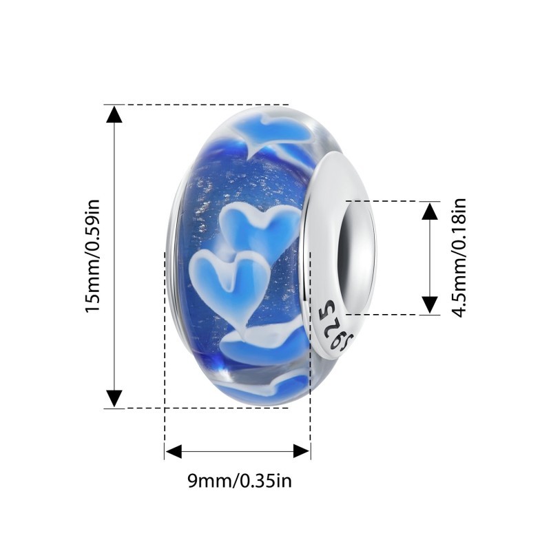 Bamoer 925 Sterling Sliver Charm Trái Tim Xanh Hoa Murano Hạt Mặt Dây Chuyền Phụ Kiện Series Cho Vòng Tay