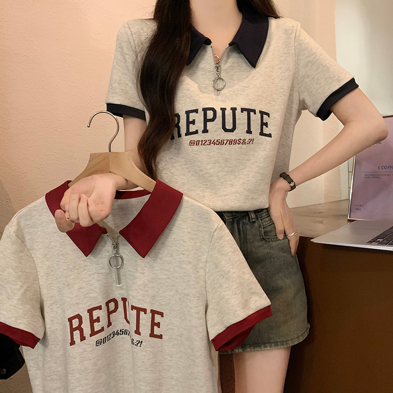 SUXI Retro In Hình Cổ Áo Polo Thường Ngày Đa Năng Phong Cách Hàn Quốc Áo Thun Nữ Tay Ngắn 240320