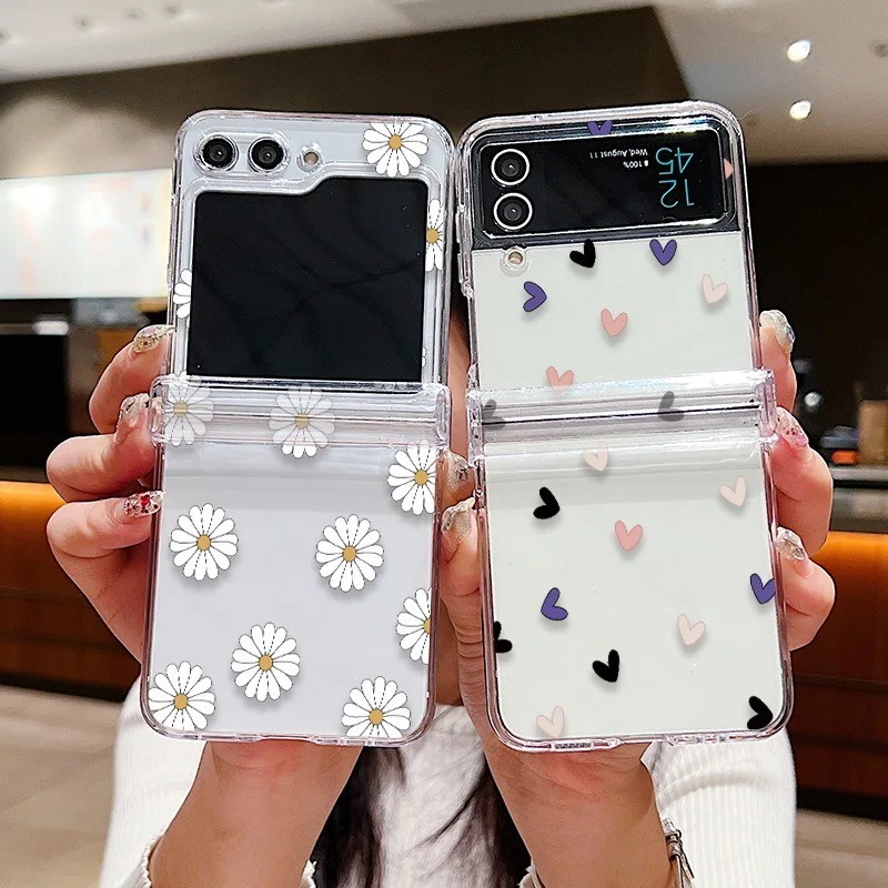 Hoa Tình Yêu Họa Tiết Trái Tim Trong Suốt Samsung Galaxy Z Flip 5 4 3 Trong Suốt Cứng PC Gấp Ốp điện thoại Cho Samsung Z Flip5 Flip4 Flip3