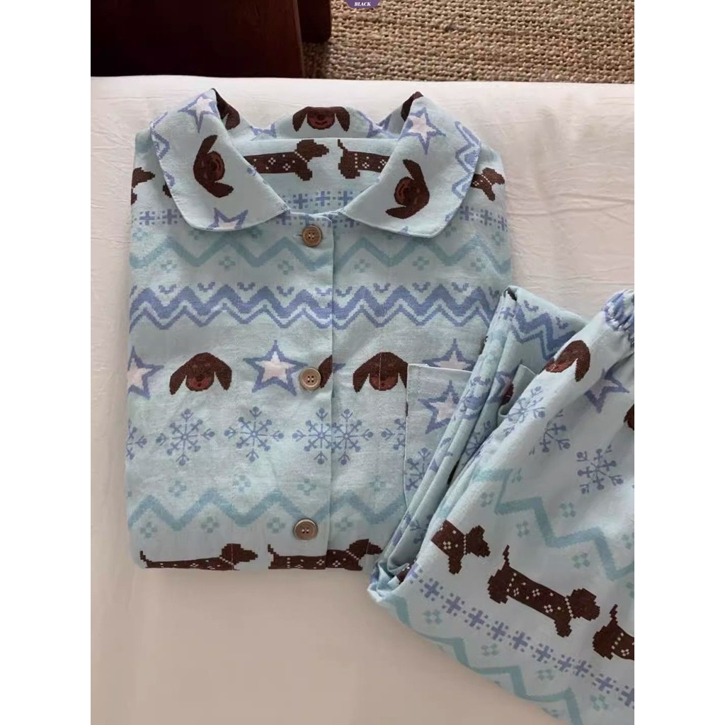 Bộ đồ ngủ dễ thương Isle Dachshund dành cho nữ Xuân Thu 2025 Quần dài tay mới Bộ đồ mặc nhà [BL]