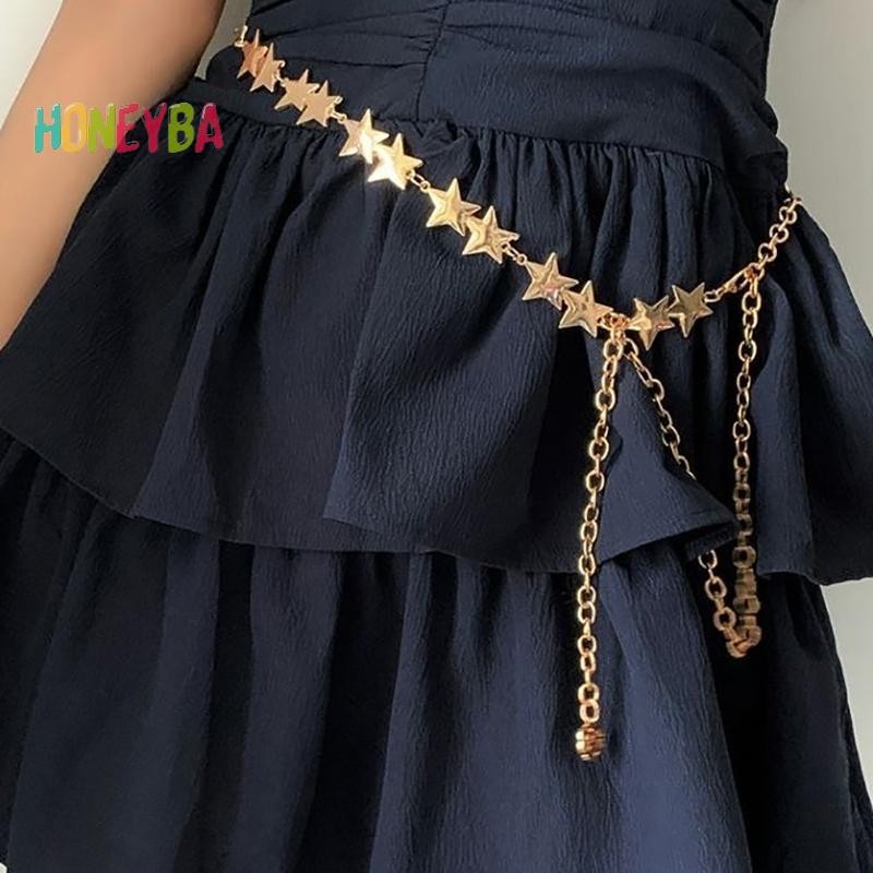 < Honeyba > Vintage Nữ Thắt Lưng Nữ Kim Loại Ngôi Sao Pentagram Dây Xích Thắt Lưng Dây Xích Thắt Lưng Nữ Trang Trí Cơ Thể