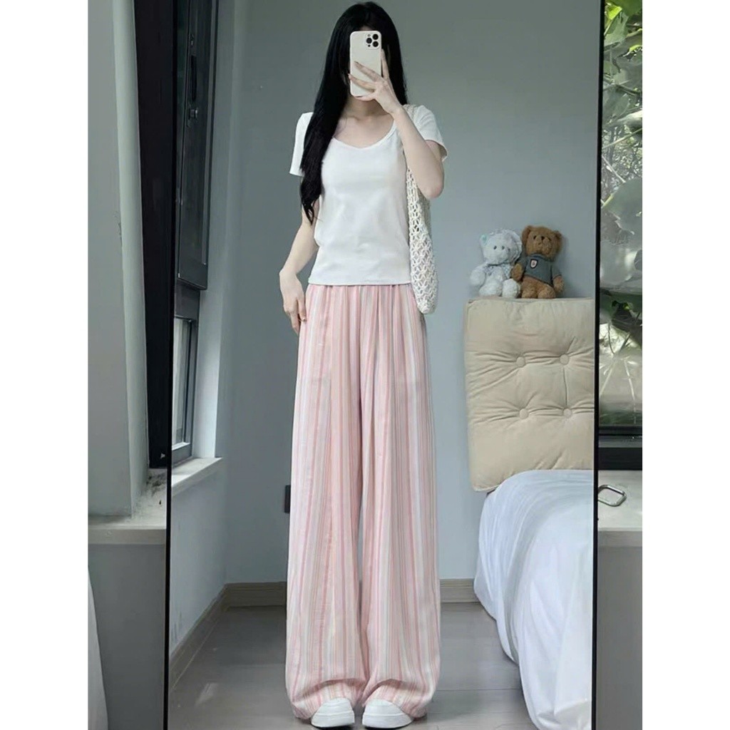 Quần Ống Rộng Nữ Họa Tiết Kẻ Sọc Chất Vải Đũi Thô Siêu Mềm Mát Mặc Mùa Hè