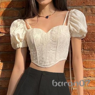 Áo Crop top nữ cổ phồng tay ngắn buộc dây buộc áo sơ mi chui đầu không đều dành cho nữ trẻ