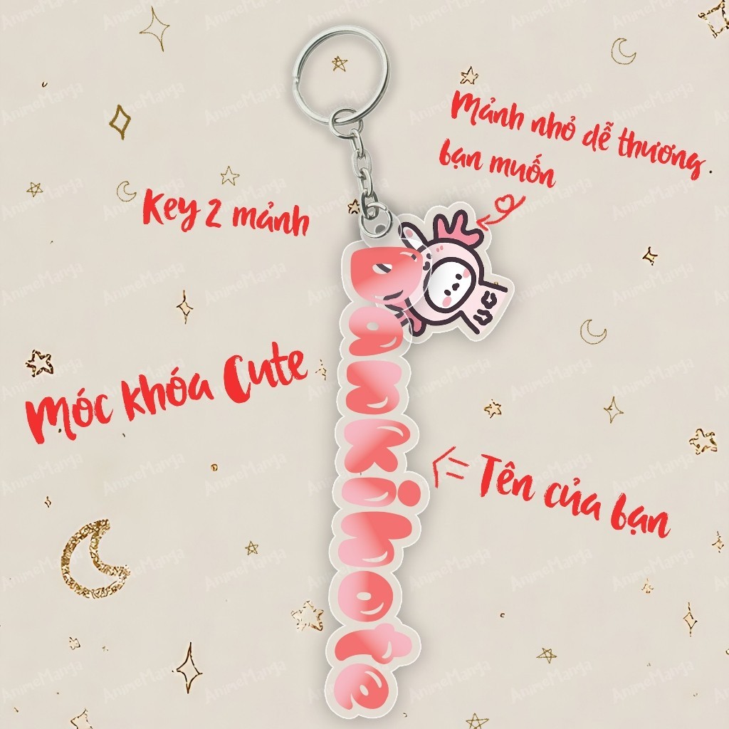 Móc khóa in tên theo yêu cầu kèm hình dễ thương, móc khoá in tên 2 chi tiết  - Xưởng quà tặng Sango
