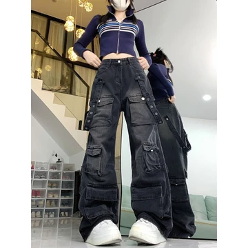 Quần Jean Nữ Thiết Kế Nhiều Túi Miếng Dán Quần Dài Cao Cấp, Dây Kéo Mini loe Quần Cotton High Street Mỹ Quần Jean Ống Rộng Rời Dạo Phố Quần Niche Wash