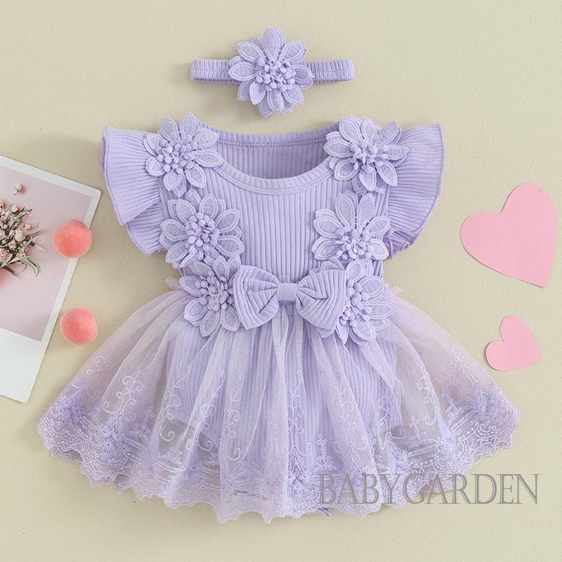 Baga-baby Girl Lưới Ren Chắp Vá Ruffle Romper Đầm Và Băng Đô Thời Trang Dễ Thương Quần Áo Mùa Hè