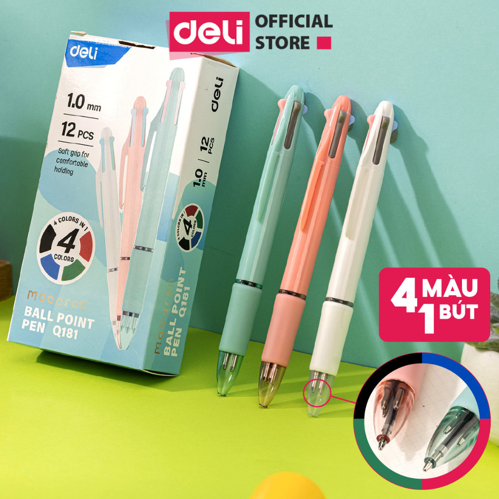 Bút Bi Bấm Nhiều Màu 4in1 Chính Hãng Deli, Thiết Kế Màu Pastel Nét Mực Trơn Tru Nhanh Khô - Ngòi Bi 1mm Siêu Êm Ái