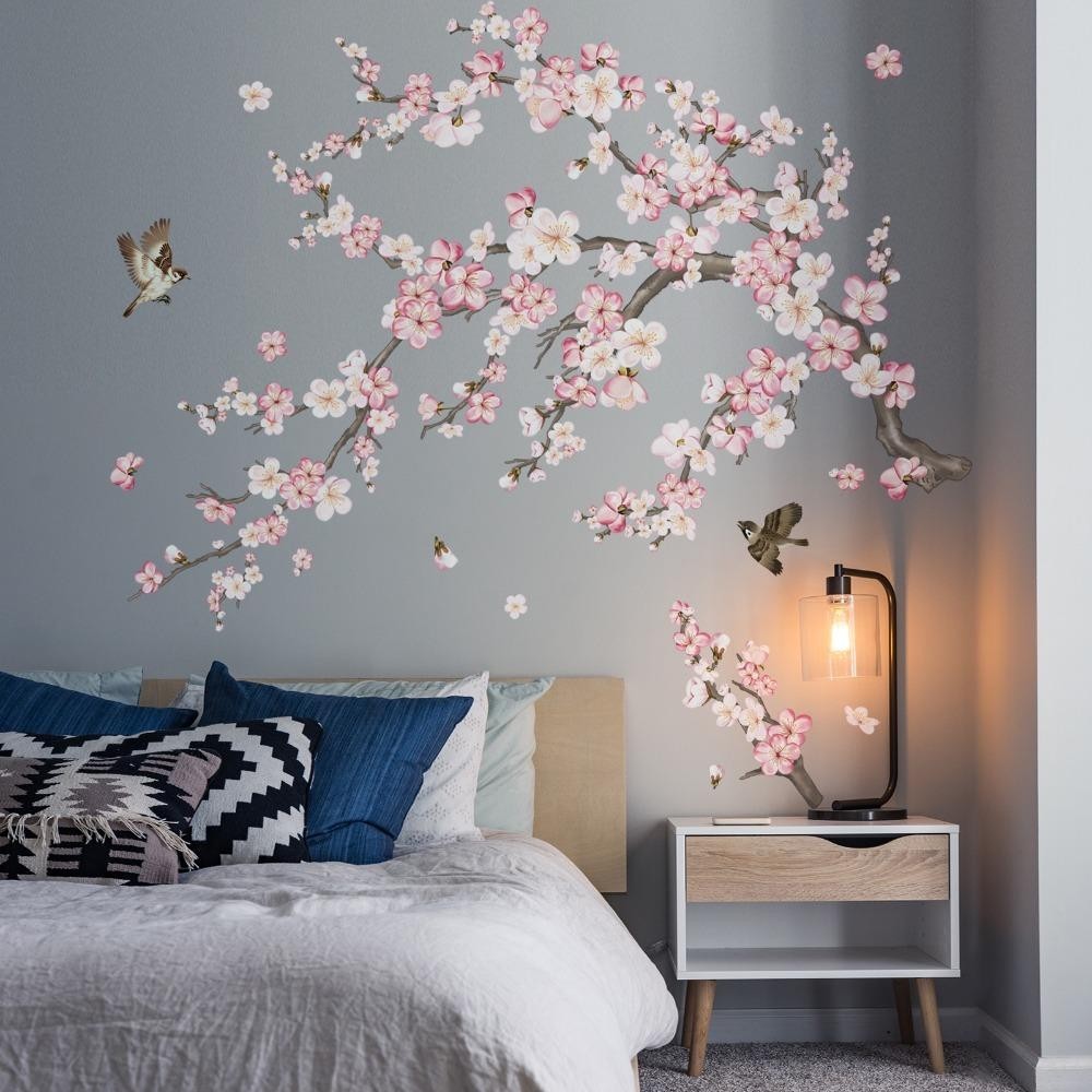 Dán Tường Hoa Anh Đào YMIFI, Đề Can Dán Tường Hoa Chim Bay PVC, Màu Hồng Có Thể Tháo Rời 23.62in * 11.81in Đề Can Dán Tường Cây Phòng Ngủ