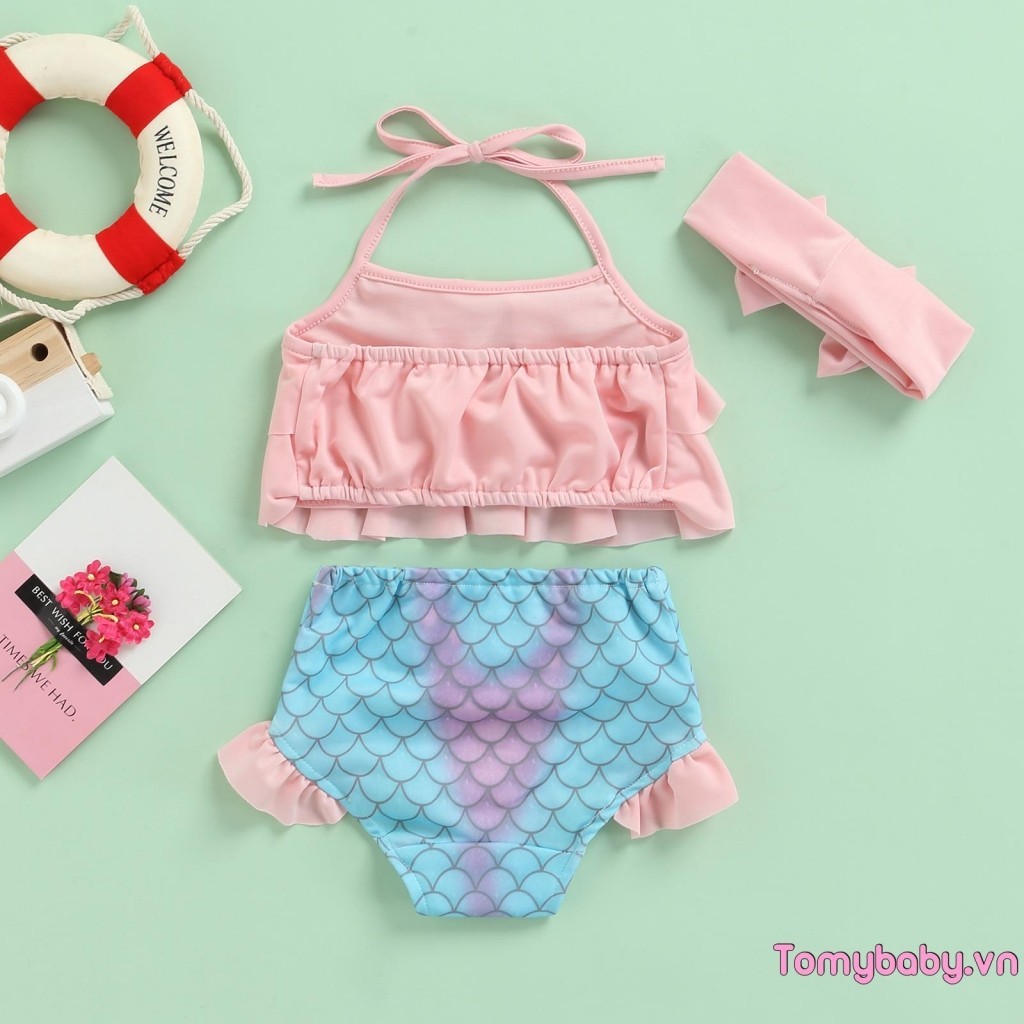 Bộ đồ bơi cho bé gái tập đi Dây xù xì Áo + Quần short nàng tiên cá + Băng đô Đồ bơi Bộ Bikini 3 chiếc