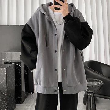 [Sẵn sàng] Áo Hoodie cỡ lớn phong cách Hàn Quốc dành cho nam dáng rộng vừa vặn màu sắc tương phản Áo khoác có mũ trùm đầu nam Nút thời trang nam Áo len có dây kéo nam