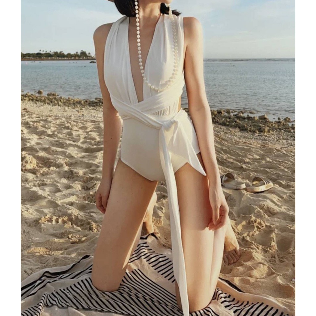 Set bộ đồ bơi bikini 1 mảnh liền thân thiết kế xẻ ngực buộc dây eo gợi cảm XIMIMI BKN27