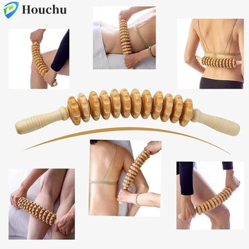 Houchu Con lăn massage bằng gỗ, 12 con lăn Gậy massage cong đa chức năng, Định hình cơ thể bền bỉ Thư giãn cơ bắp Gỗ có rãnh bánh răng Con lăn cơ bắp Gậy mông