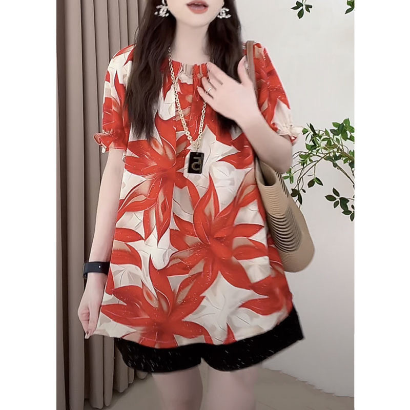Áo Chui Đầu Thời Trang Mới Phong Cách Trung Hoa In Hình Cổ Tròn Retro Hoa Rời Tay Ngắn Nữ