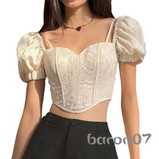 Áo Crop top nữ cổ phồng tay ngắn buộc dây buộc áo sơ mi chui đầu không đều dành cho nữ trẻ