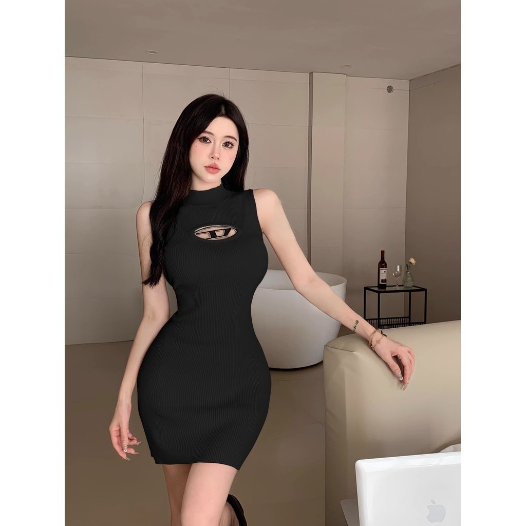 Suxi Phong Cách Hàn Quốc Thường Ngày Slim Fit Gợi Cảm Tối Giản Thời Trang Nửa Cổ Cao Không Tay Đầm Dệt Kim Nữ 240303