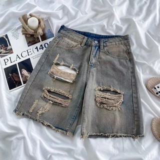 Mỹ Đường Phố Cao Cấp Rách Crop Quần Hip Hop Unisex Châu Âu Mỹ vibe Phong Cách Cao Cấp Thẳng Tất Cả Trận Đấu Quần Short Denim