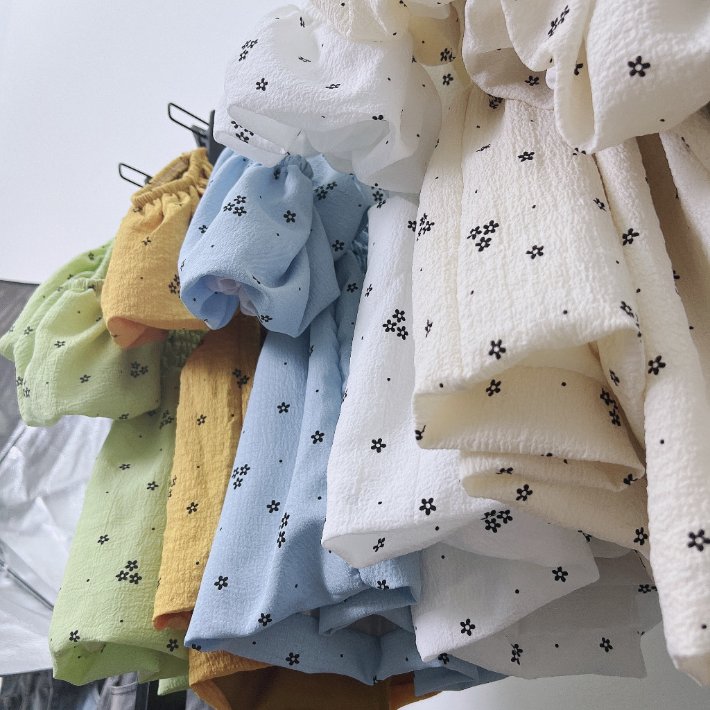 (Có Big Size) Áo Trễ Vai Nữ Tay Bồng Hoa Nhí 2 Lớp Chất Đũi Xốp Mềm Phong Cách Hàn Quốc Đáng Yêu - AO0119