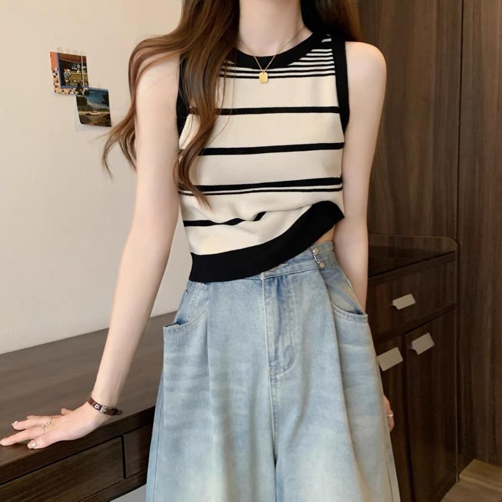 Áo len không tay sọc DUSKGLOW, Áo thun ngắn thời trang mùa hè phong cách cổ điển, Áo Vest sọc cổ tròn họa tiết kẻ sọc nữ