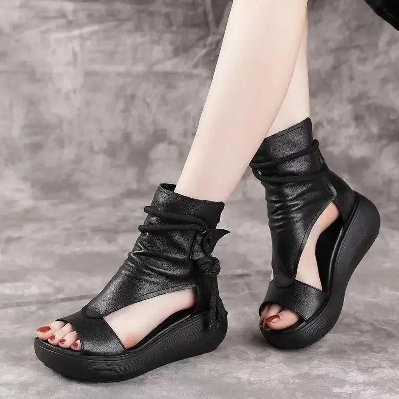 Nữ Vintage Da PU Thoáng Mát Xăng đan Nữ Thời Trang Mùa Hè Giữa Giày Nêm Xăng đan Mujer Sapato Feminino