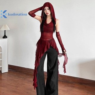 Kudosation Áo thun không tay có mũ trùm đầu lưới dành cho nữ Slim Fit Phong cách đường phố Áo Vest Slim Fit Hot Girl Đẹp
