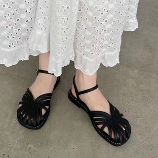Dép sandal gót phẳng mũi tròn cho phụ nữ với một dây đeo và thiết kế rỗng thời trang