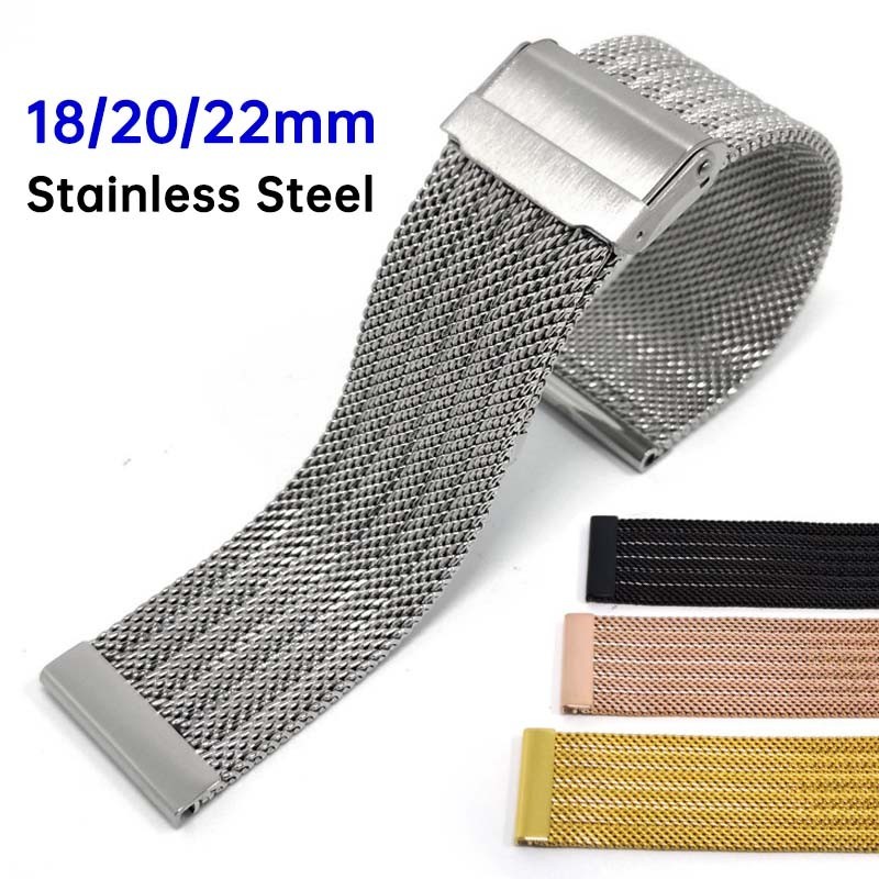 Dây Đồng Hồ Thay Thế Bằng Thép Không Gỉ Dạng Lưới Kích Thước 18mm 20mm 22mm 24mm