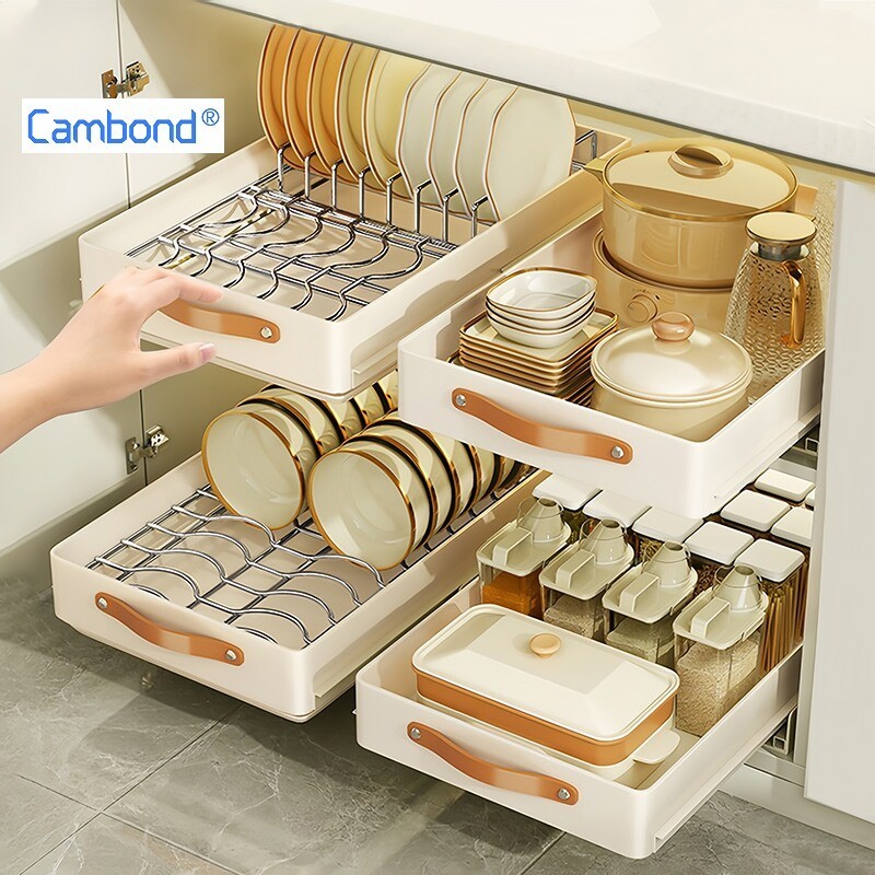Cambond Giỏ kéo bằng thép không gỉ 304 cho tủ bếp Giá để bát đĩa sắp xếp Kệ kéo
