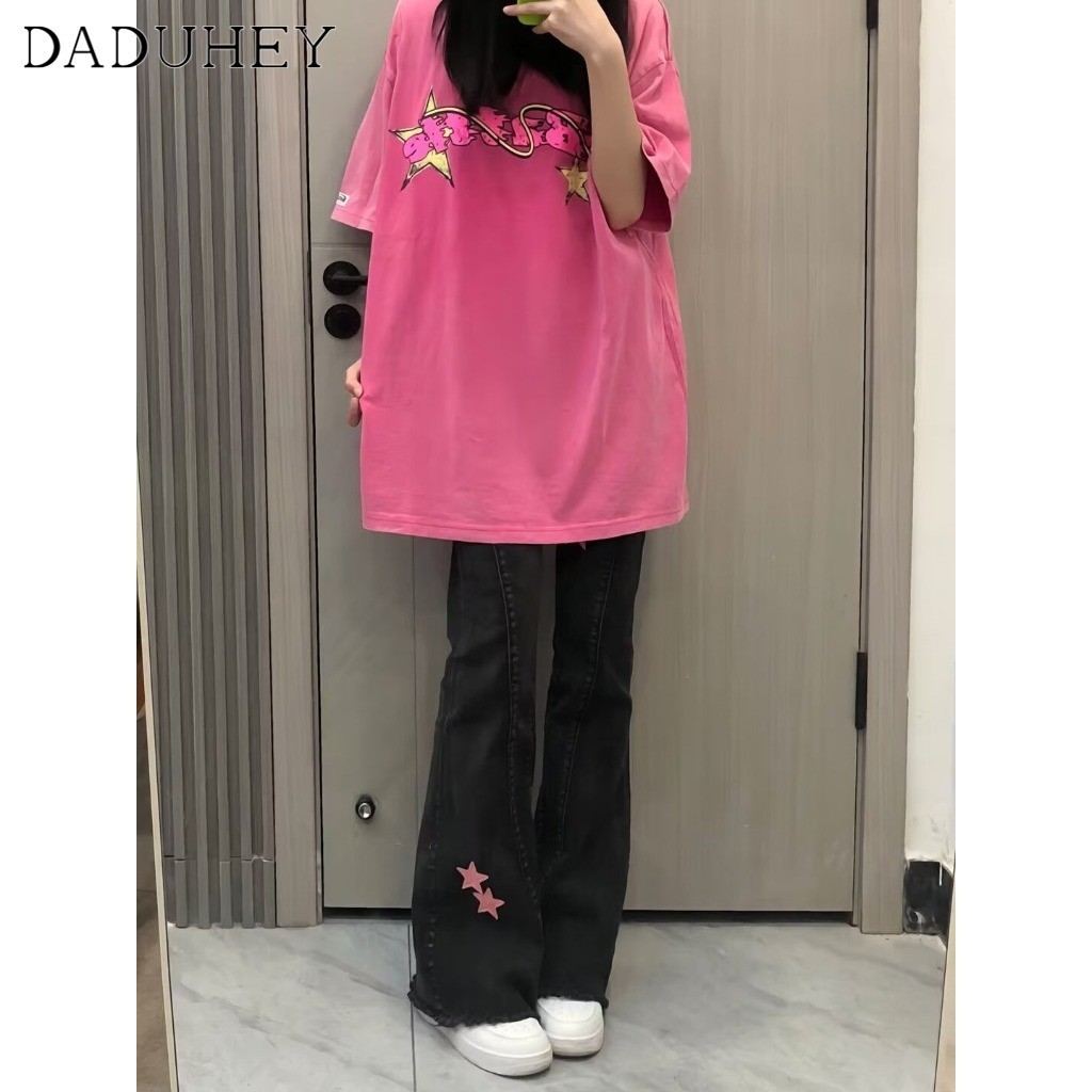 Ảnh DaDuHey New Korean Version of Pink Star Jeans Women's High-waisted Flared Pants Niche plus Size Trousers 2