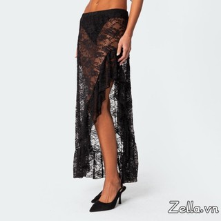 Nữ Ren Dài Váy Vintage Cao Cấp Màu Trơn Bất Đối Xứng Viền Ruffle Midi Flowy Nhìn Xuyên Qua Váy