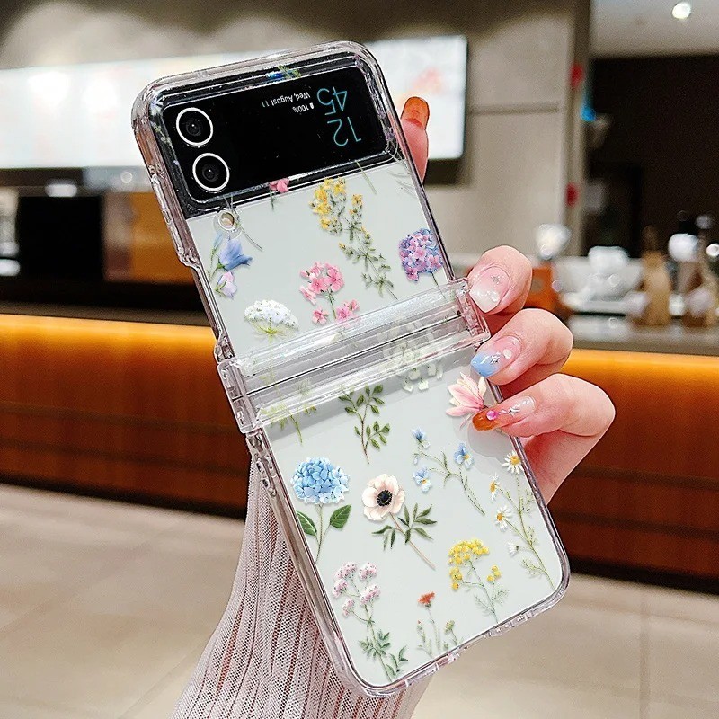 Ốp Điện Thoại Gấp Siêu Mỏng Trong Suốt Chống Sốc Cho Samsung Galaxy Z Flip 5 Flip 4 Flip 3 Ốp Lưng Full Bản Lề Hoa Trong Suốt Bìa Cứng