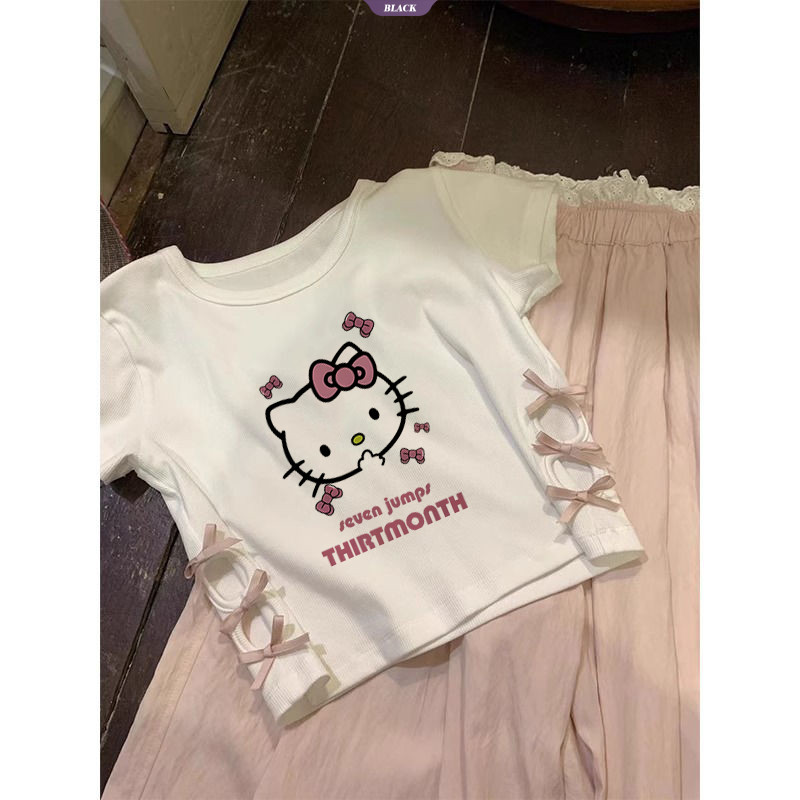 Áo thun ngắn tay vai tích cực Hello Kitty màu trắng Nữ mùa hè mới Mẫu ngắn mỏng mỏng nơ rỗng [BL]