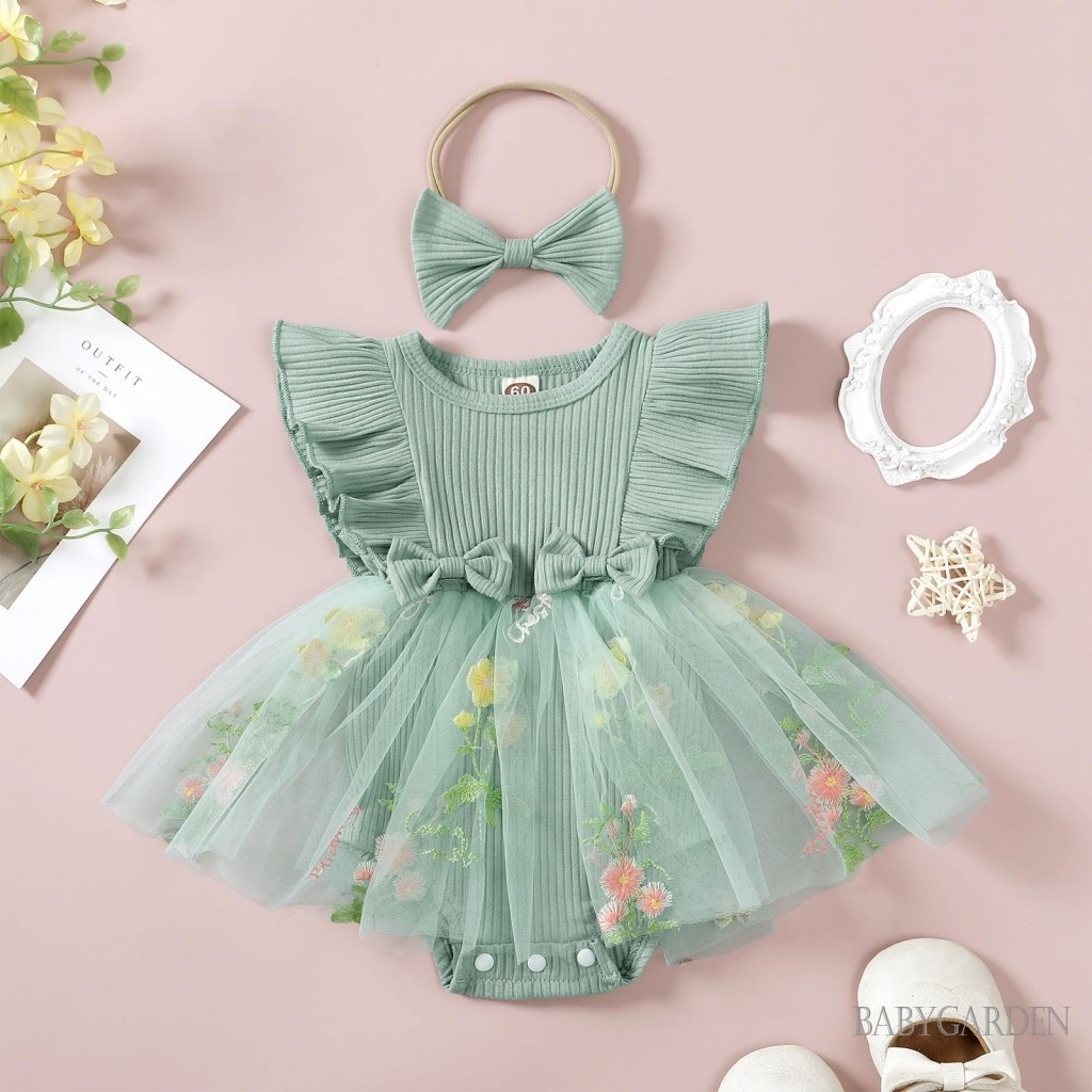 Baga-baby Bé Gái Áo Liền Quần Có Băng Đô Tay Bay Thêu Hoa Tulle Viền Trẻ Sơ Sinh Body Quần Áo Mùa Hè