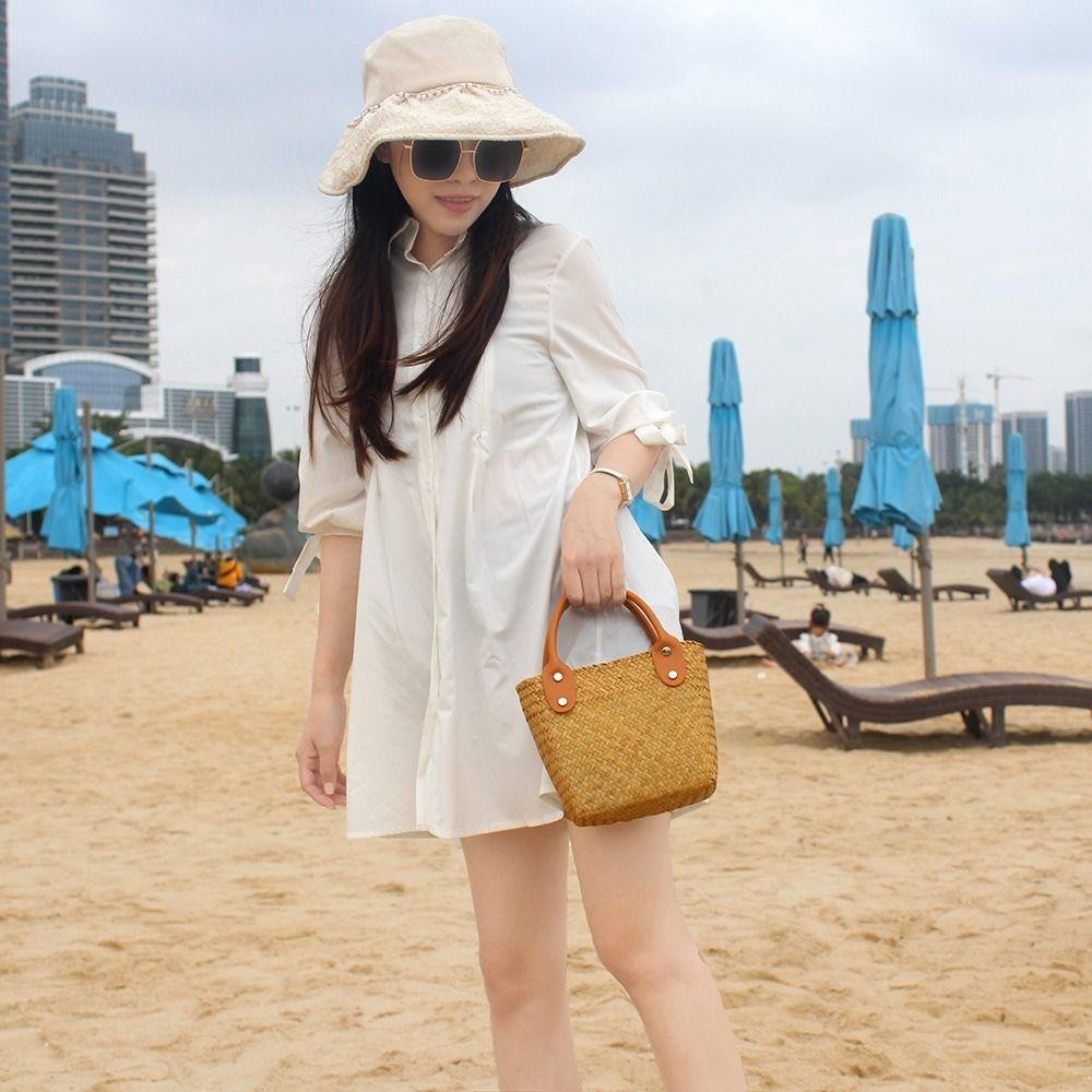 Túi xách nữ HOBBYIN đan rơm thời trang mùa hè, túi tote lớn đa năng đeo vai, kiểu dáng đơn giản