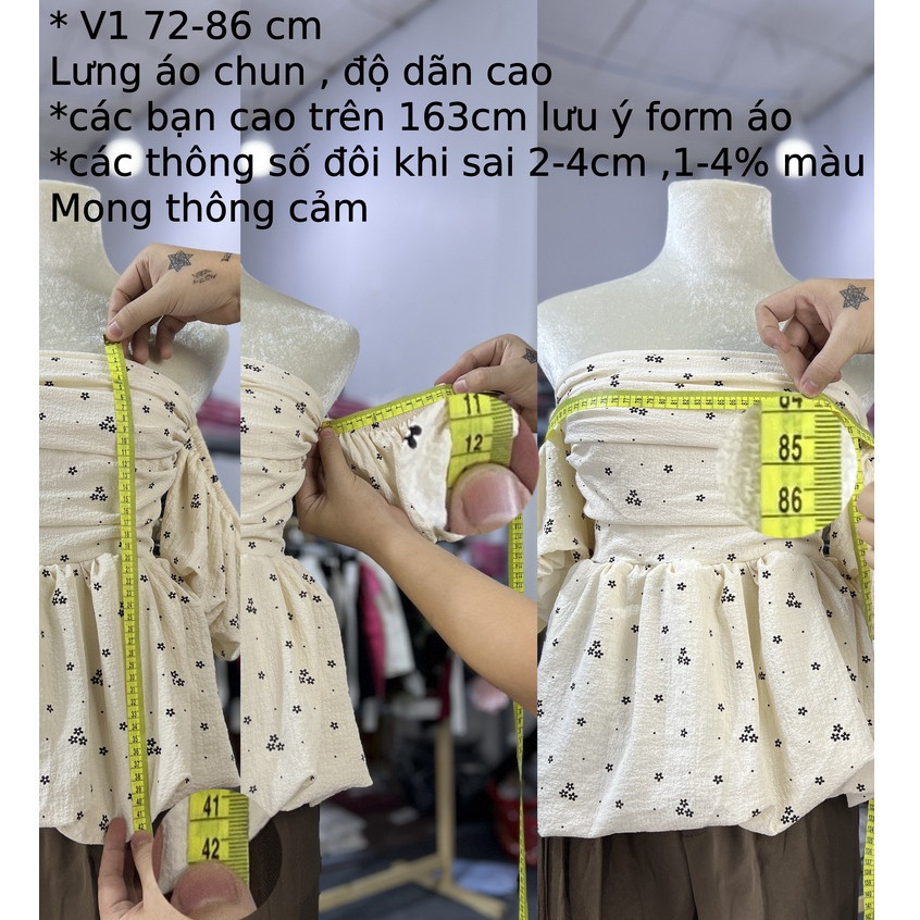 (Có Big Size) Áo Trễ Vai Nữ Tay Bồng Hoa Nhí 2 Lớp Chất Đũi Xốp Mềm Phong Cách Hàn Quốc Đáng Yêu - AO0119