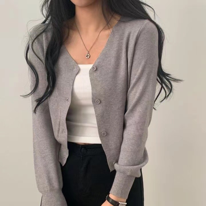 Suxi - Áo len dệt kim dệt kim cổ chữ V dài tay cổ chữ V đa năng dành cho nữ 240404