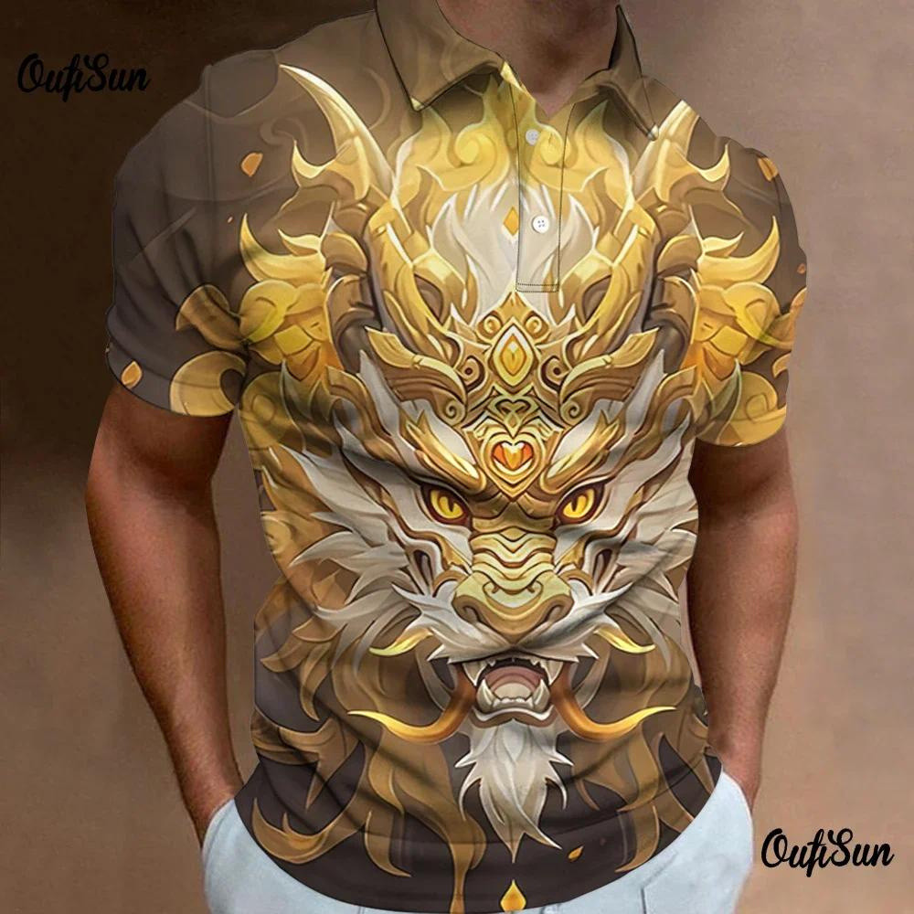 Áo polo nam có cổ họa tiết rồng 3D, tay ngắn, oversized, áo thun nam có nút, áo sweatshirt thường ngày cho nam, áo động vật